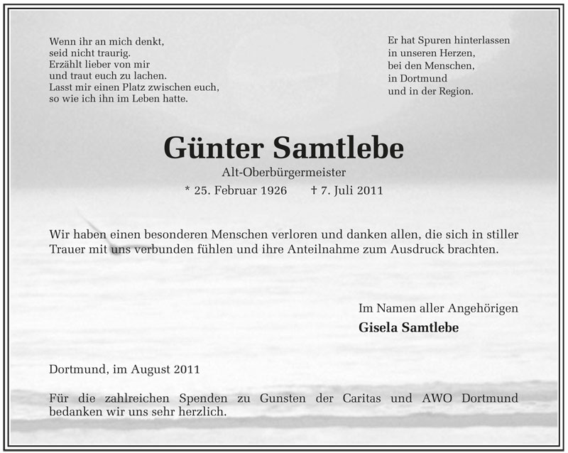  Traueranzeige für Günter Samtlebe vom 06.08.2011 aus 
